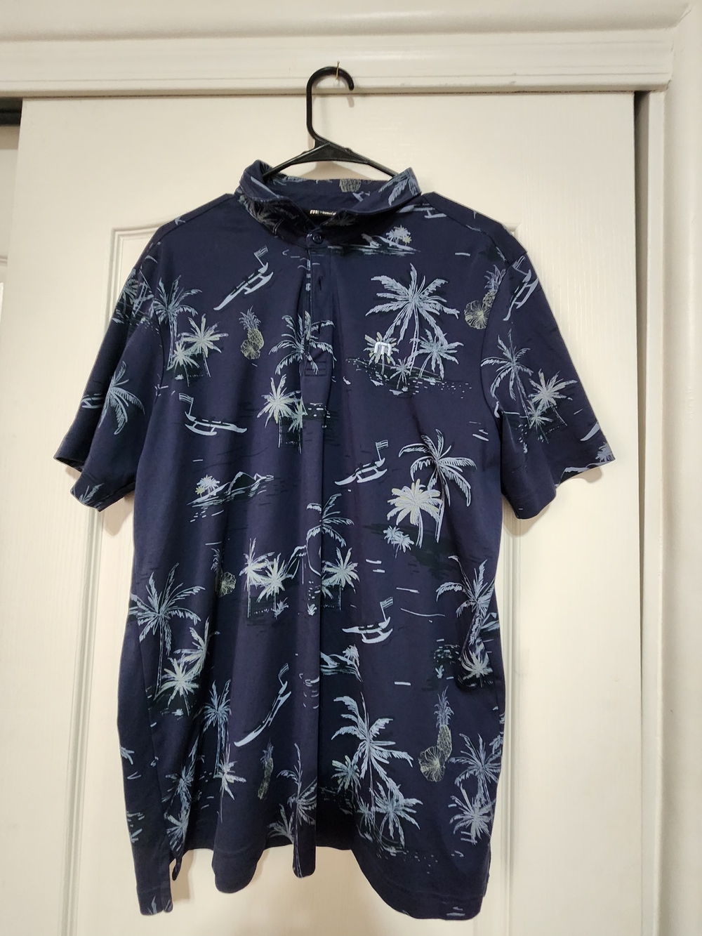 Travis Mathew Navy Palm Tree Print Short Sleeve Polo